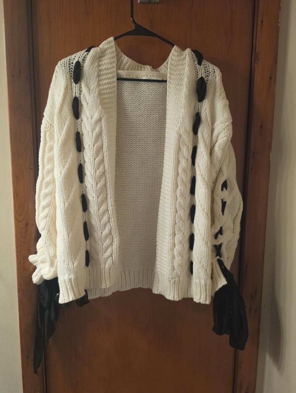 Altar'd State White Cable Knit Cardigan with Black Ribbon Tie Details